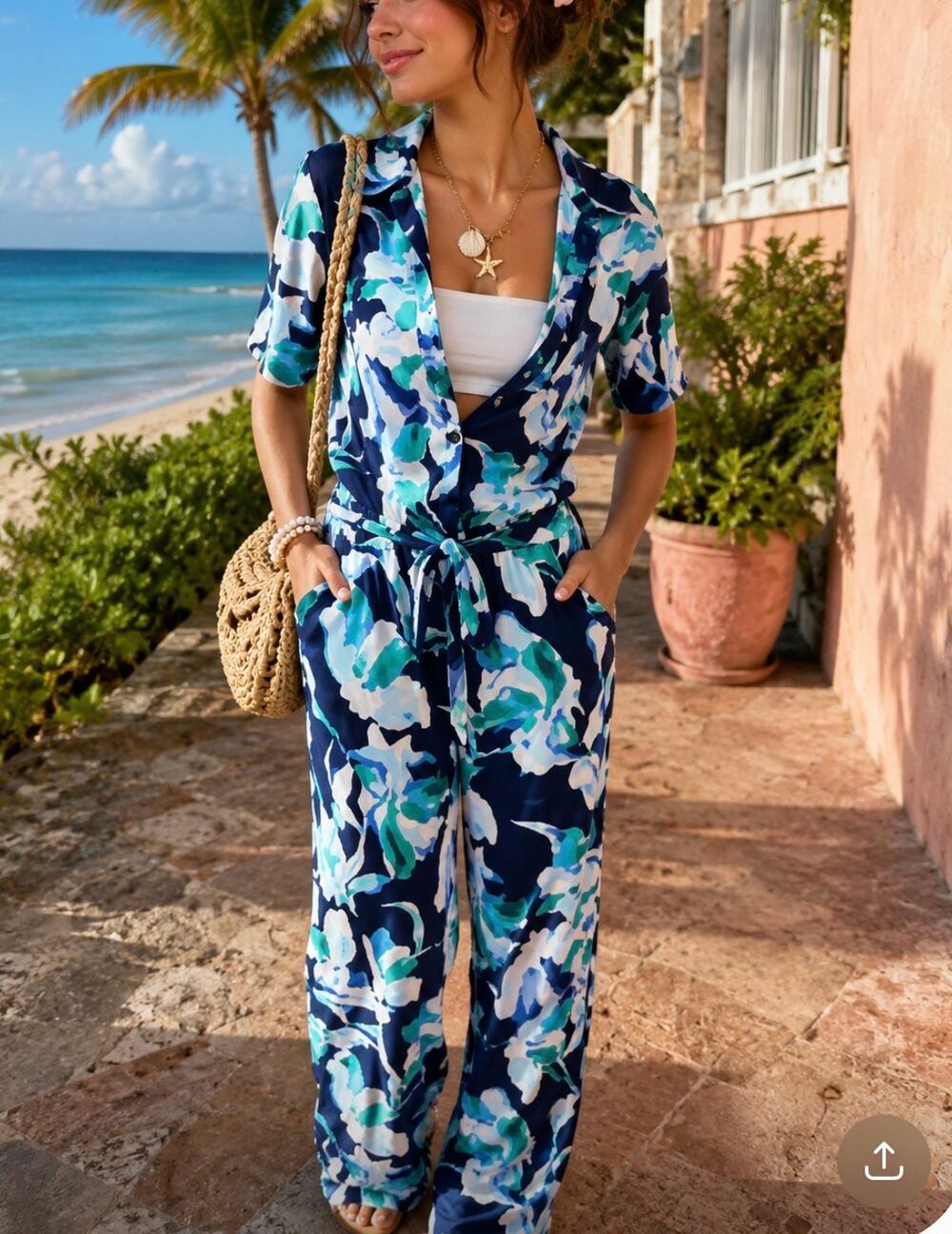 G.I.L.I Floral Wide Leg Jumpsuit Button Front Tie Waist Blue Green M
